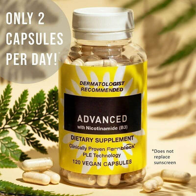 Nicotinamide B3 capsule bottle, dermatologist recommended, 120 vegan capsules, instructions to take 2 per day.