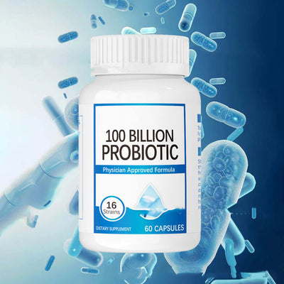 100 Billion Probiotic Supplement bottle with 60 capsules and 16 strains for digestive health, Physician Approved Formula.