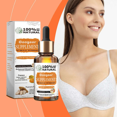 Googeer natural supplement for enhanced breast fullness, featuring papaya, in a stylish packaging with a happy model.