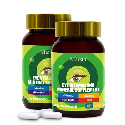 Two bottles of Marsta Eye Vitamin and Mineral Supplements featuring Vitamin C, E, Zinc Citrate, and Lutein, 60 capsules each.