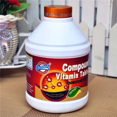 Bottle of Compound Vitamin Tablets for dogs, providing essential daily vitamins for all breeds and sizes.