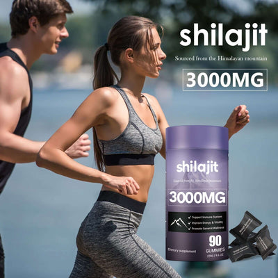 Shilajit 3000MG dietary supplement in a bottle with active individuals jogging outdoors, promoting wellness and energy support.