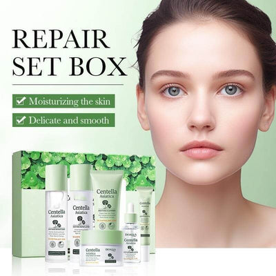 Centella Asiatica Repair Set Box for moisturizing and softening skin, featuring various skin care products.