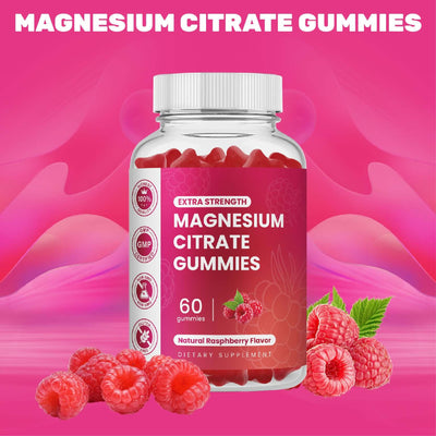 Extra strength magnesium citrate gummies in a bottle with raspberry flavor, 60 pieces of dietary supplement candy.