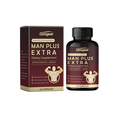 Googeer Man Plus Extra dietary supplement bottle and box, 60 capsules for reproductive health and enhanced performance.