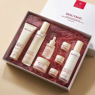 BISUTANG soothing facial care set featuring various moisturizing skincare products in an elegant gift box.